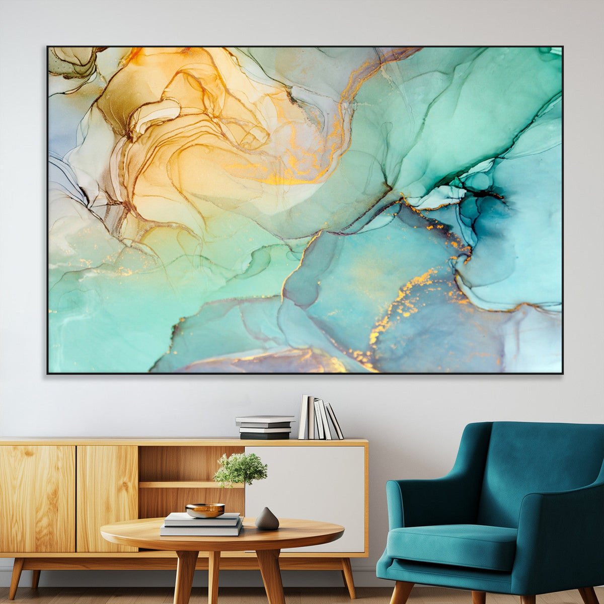 Abstract Aqua and Gold Fluid Wall Art Canvas | 3 Panel Large