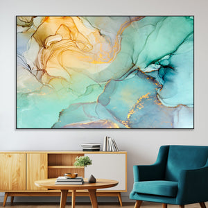 Abstract Aqua and Gold Fluid Wall Art Canvas | 3 Panel Large