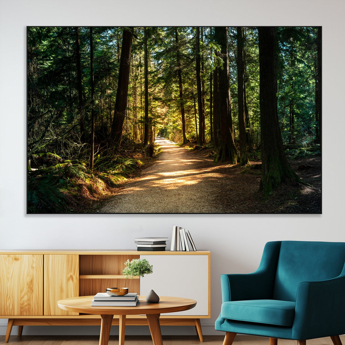 Sunlit Forest Pathway Canvas Print | 3 Panel Large Nature