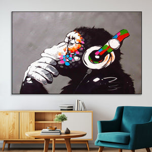Dj Monkey Listening to Music Wall Art Print | Banksy Monkey