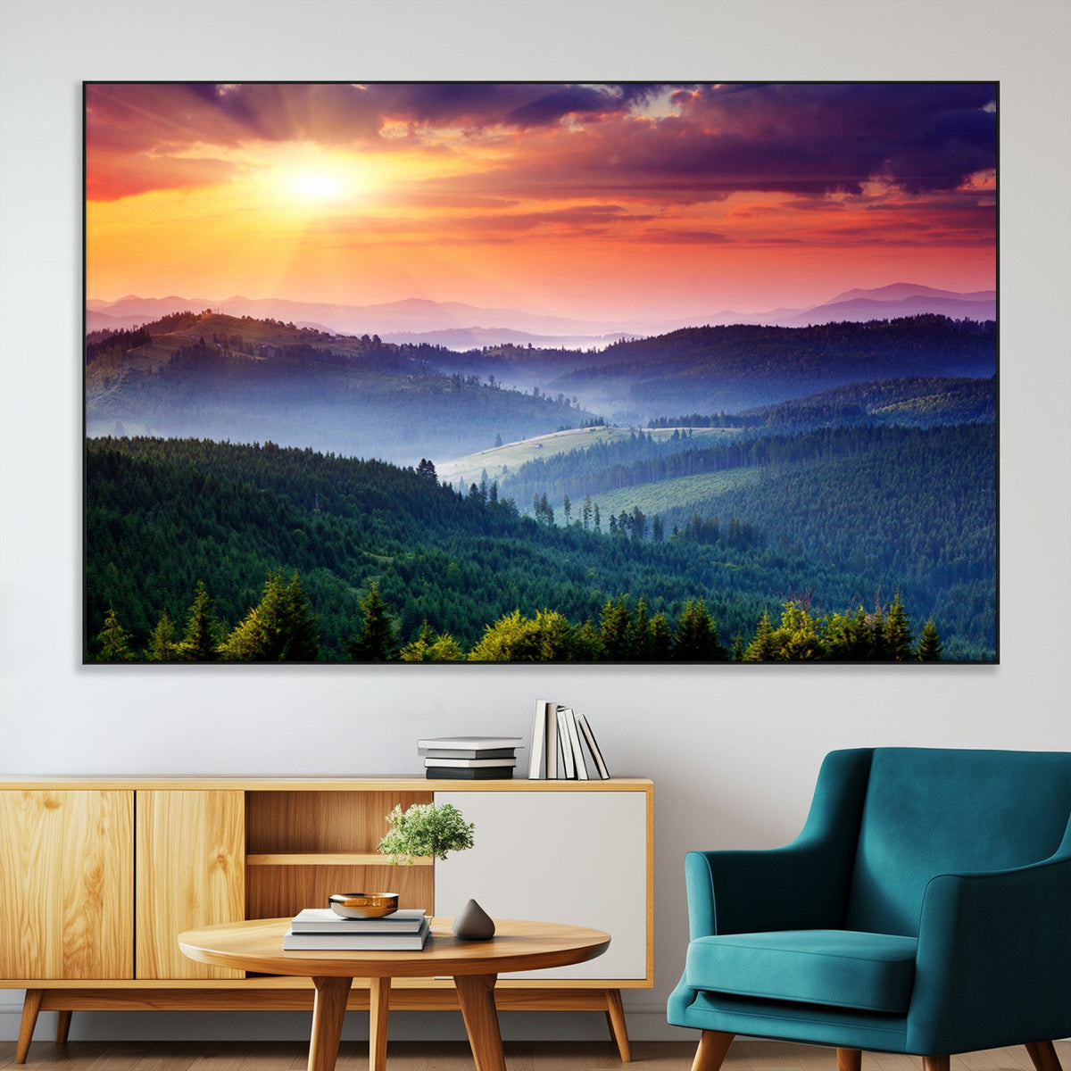 Beautiful Sunset over Hills Forest Landscape Canvas Wall Art