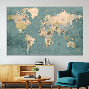 Classic World Map Canvas Print – Framed Vintage Map Wall