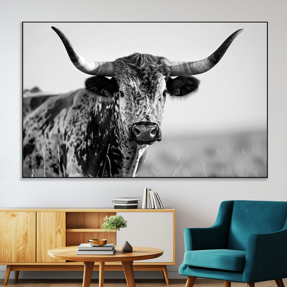 Texas Highland Cow Longhorn Canvas Print - Rustic Farmhouse