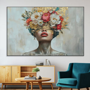 Golden Petal Wall Art Canvas Print - Silhouette Woman Wall