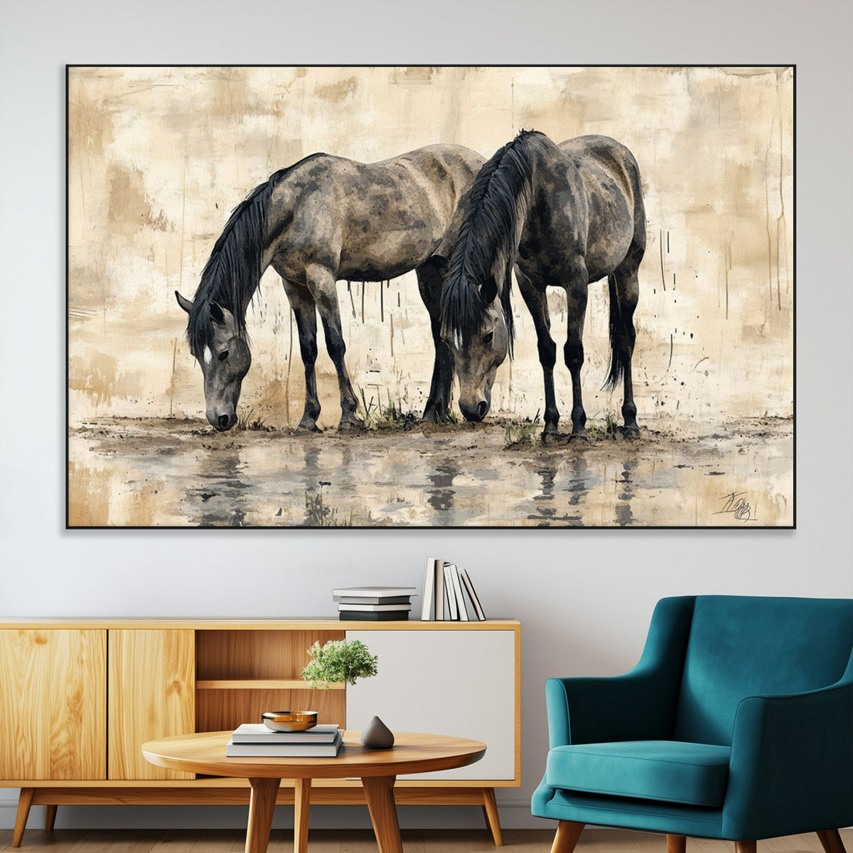Chinese Style Abstract Black Horses Wall Art Canvas Print -