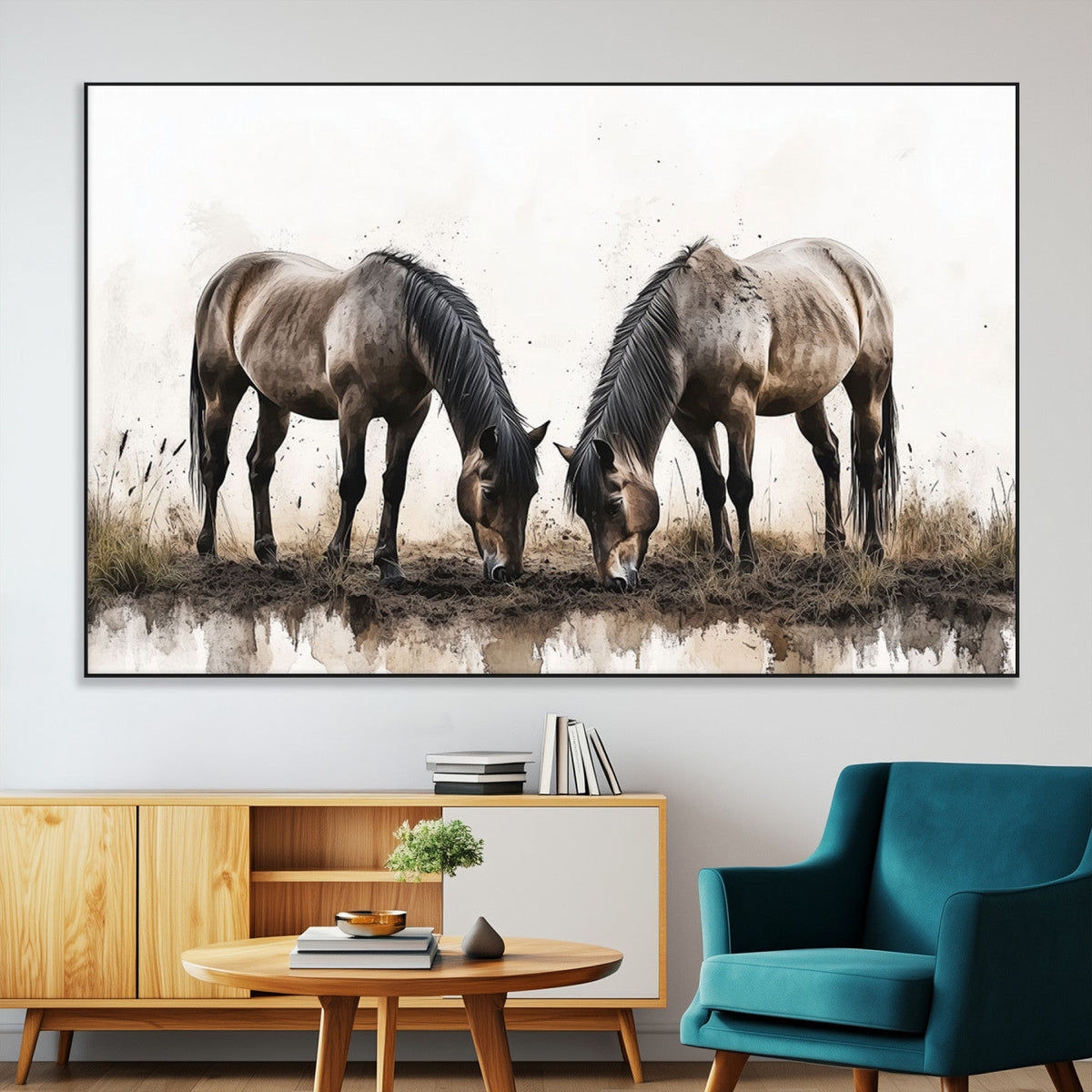 Chines Ink Style Horses Wall Art Canvas Print