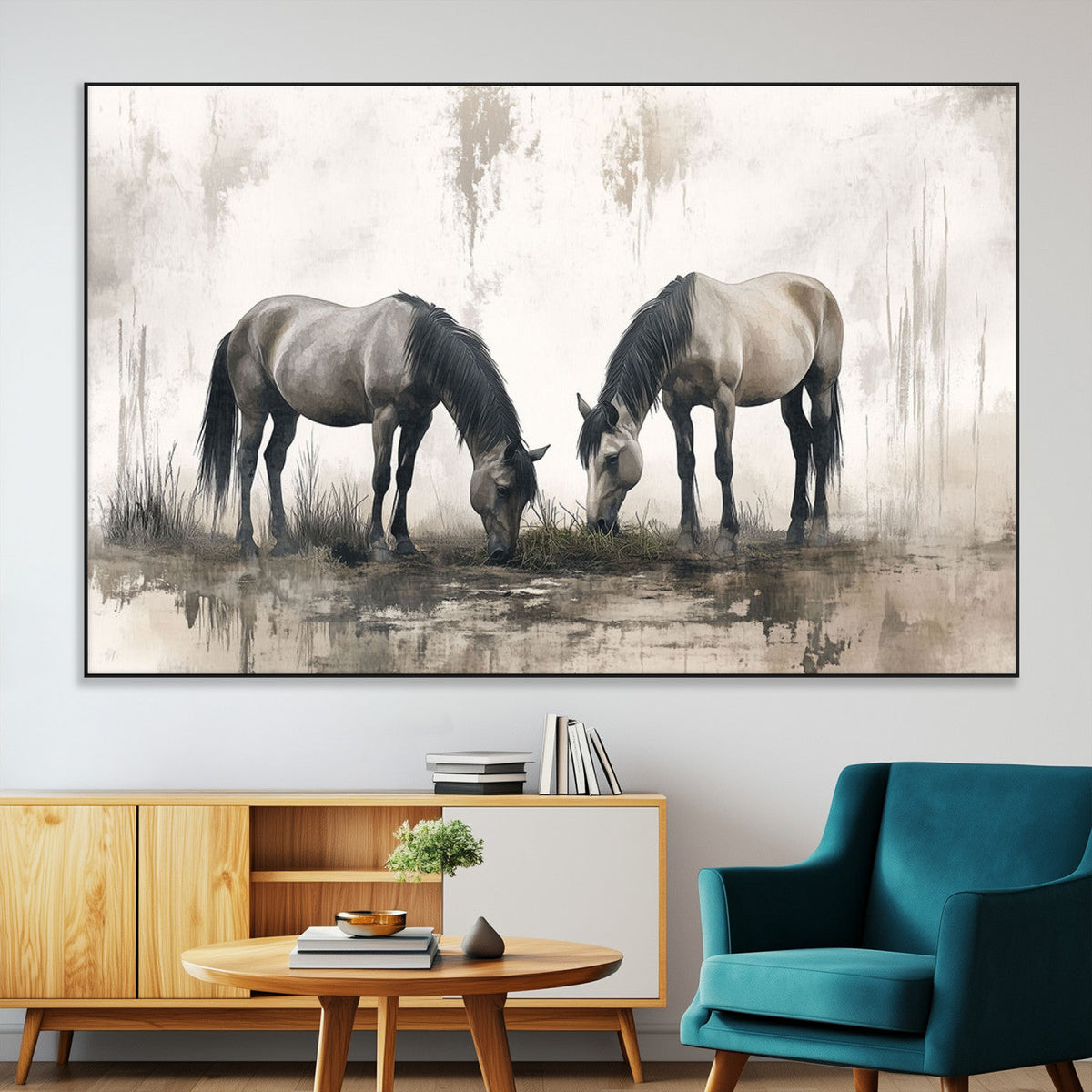 Chines Ink Style Vintage Horses Wall Art Canvas Print for