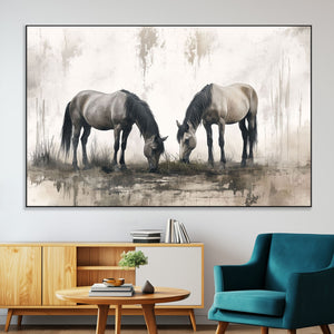 Chines Ink Style Vintage Horses Wall Art Canvas Print for