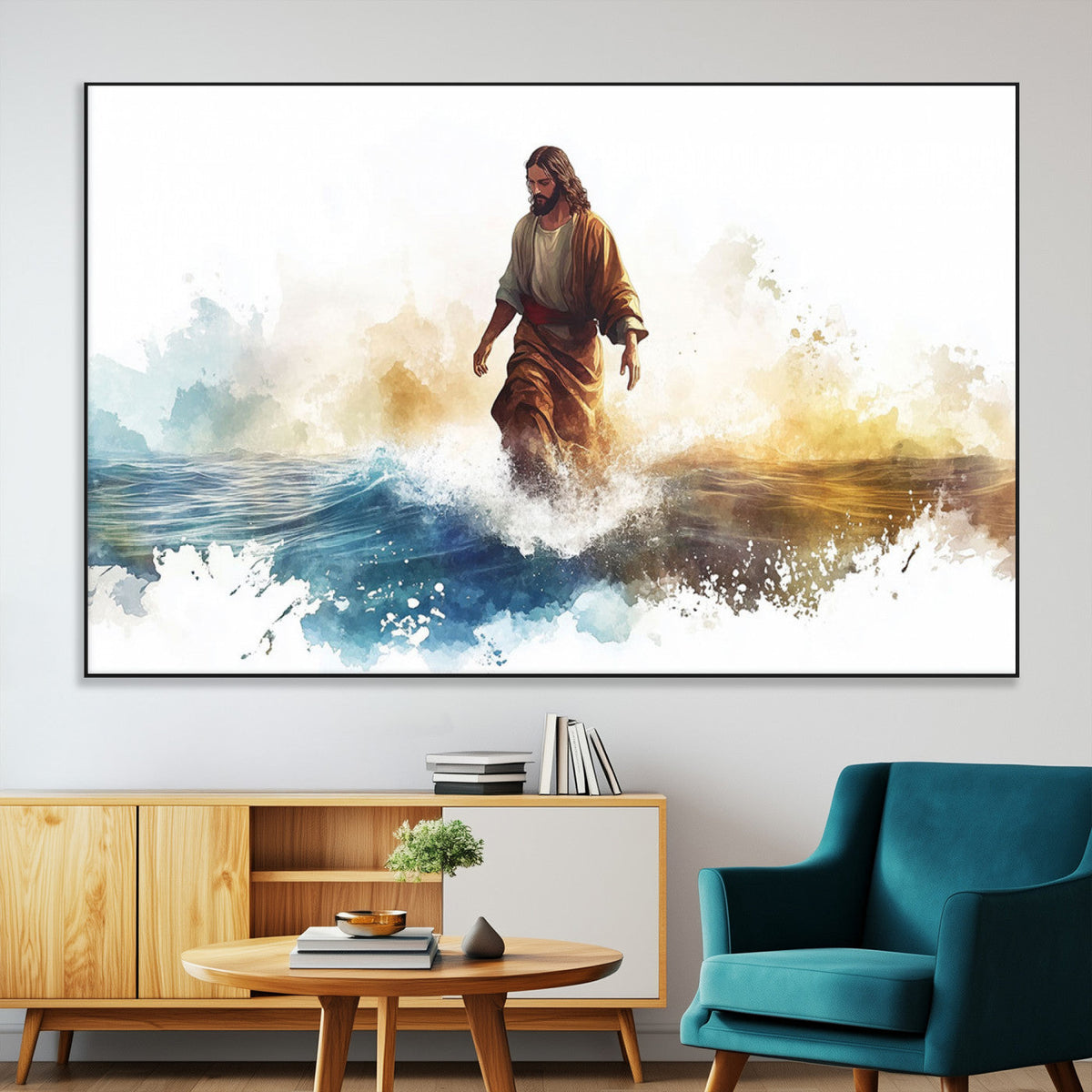 Watercolor Jesus Walking Wall Art Print, Jesus Water Canvas