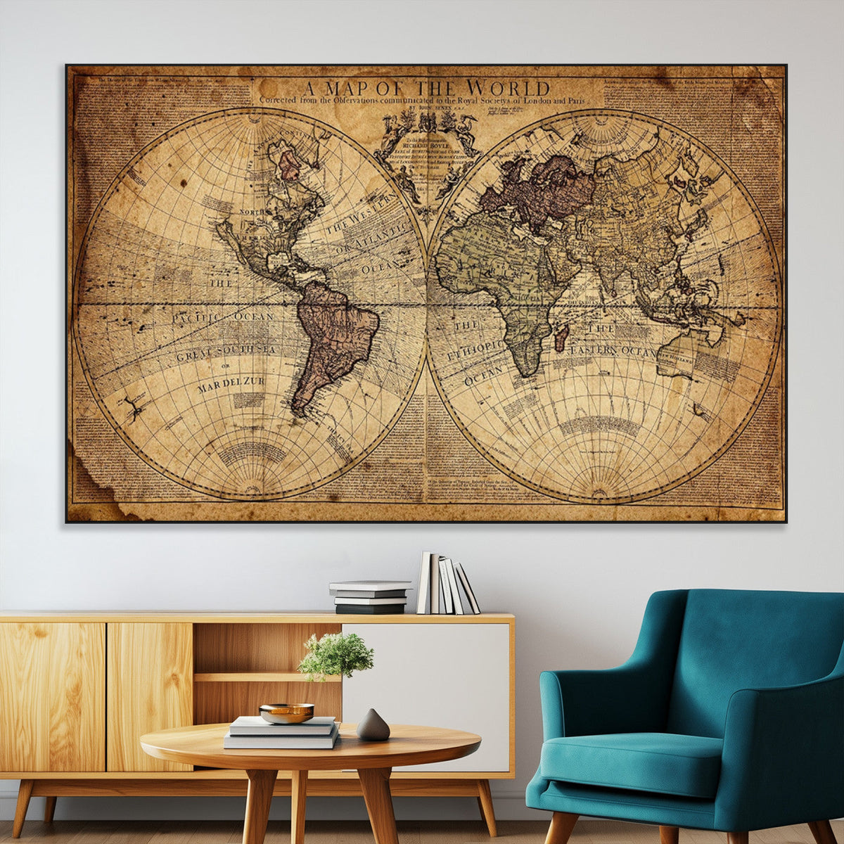 Vintage World Map Wall Art Canvas – Antique Style Push Pin