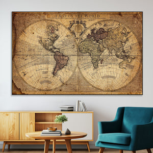 Vintage World Map Wall Art Canvas – Antique Style Push Pin