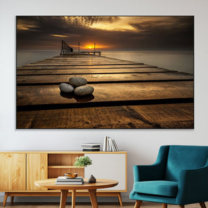 Stones on Wooden Pier at Sunset Canvas Print, Serene Coastal