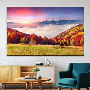 Autumn Mountain Foggy Landscape Wall Art Canvas Print |
