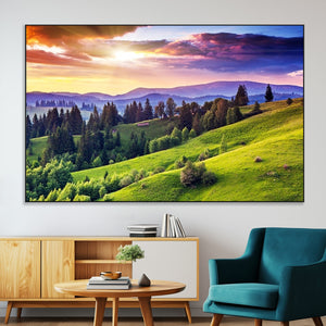 Green Hills and Sunset Wall Art Print - Scenic Landscape
