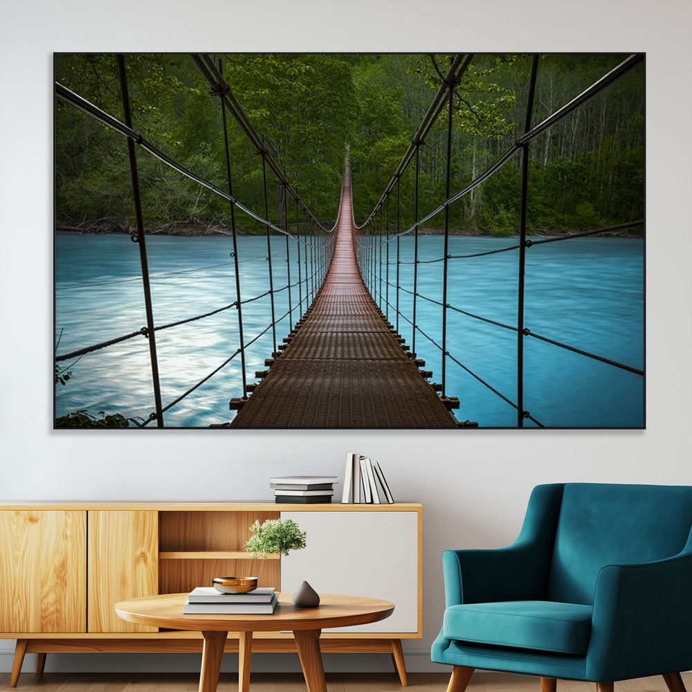 Suspension Bridge Over River Canvas Art | 3-Panel Nature