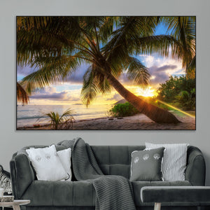 Tropical Island Sunset on the Beach Palms Wall Art Canvas