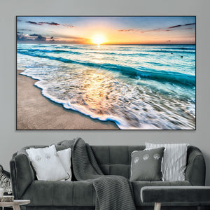 Sunset Beach Waves Canvas Wall Art – 5-Panel Ocean Sunset