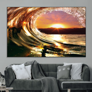 Golden Wave Sunset Triptych Canvas Art, Giclee Canvas Print