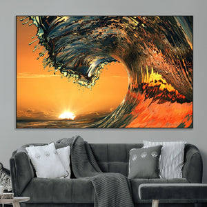 Surf Wave Sunset Canvas Wall Art Print, 3-Panel Ocean