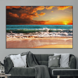 Golden Sunset Beach Canvas Wall Art – Triptych Seascape