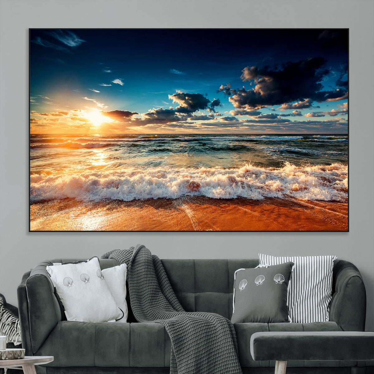 Golden Hour Sunset Over Ocean Waves Wall Art Canvas Print |