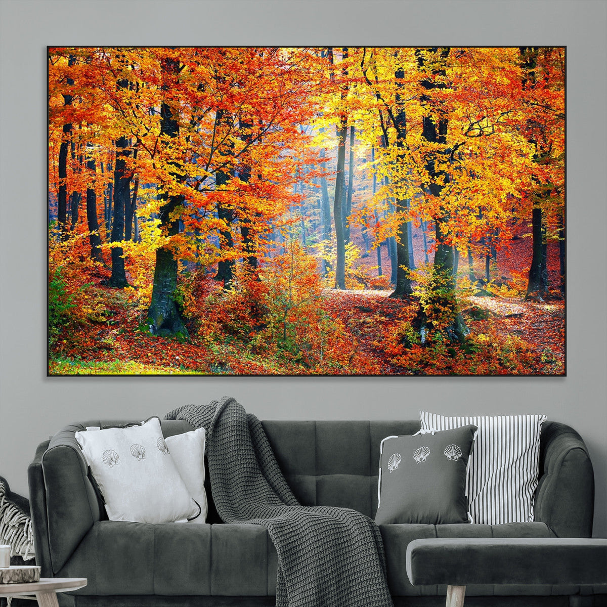 Autumn Red Forest Triptych Canvas Wall Art Print, Forest