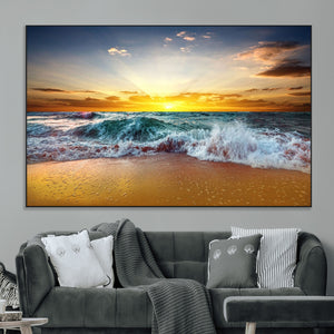 Golden Sunset Ocean Waves Wall Art Canvas Print – Multi
