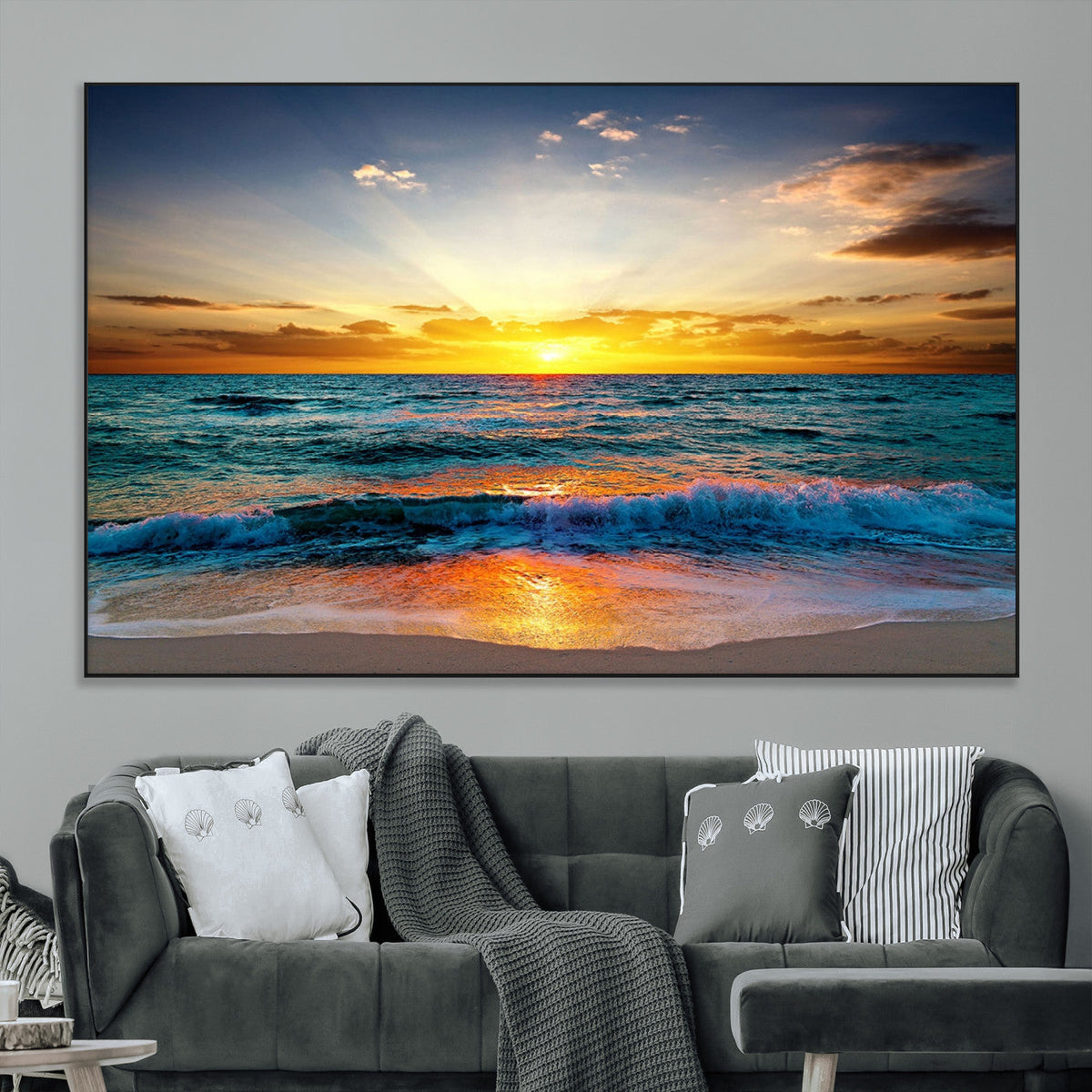 Vibrant Ocean Sunrise Over Golden Beach Waves, Giclee Canvas