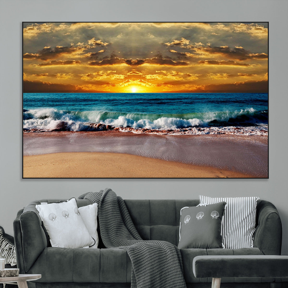 Ocean Sunrise Over Golden Beach Waves, Giclee Canvas Wall