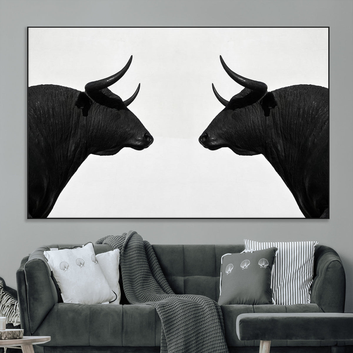 Spanish Bull Art - Framed Black and White Bull Canvas Print