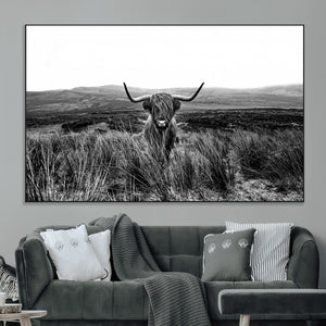 Black and White Highland Cow Canvas Wall Art, Longhorn