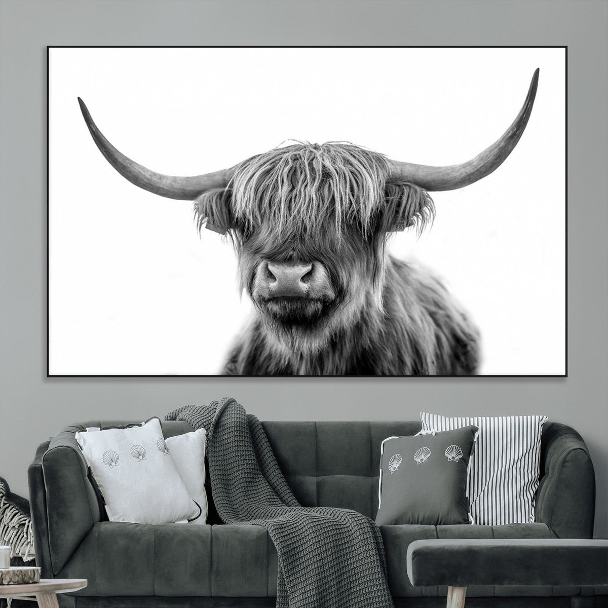 Grayscale Scottish Highland Cow Cattle Art Print Farmhouse