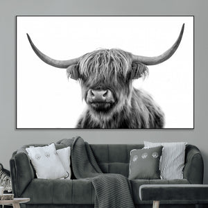 Grayscale Scottish Highland Cow Cattle Art Print Farmhouse
