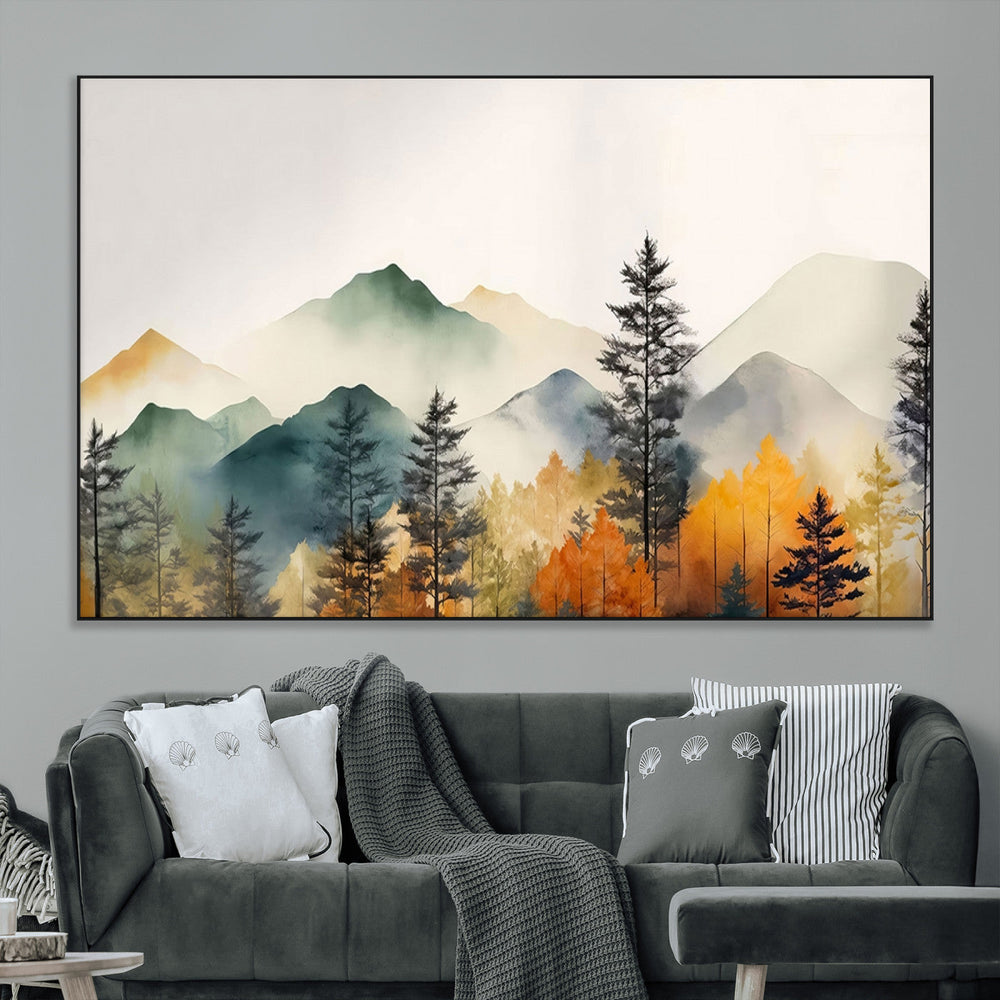 Abstract Watercolor Mountains and Trees Autumn Wall Art,
