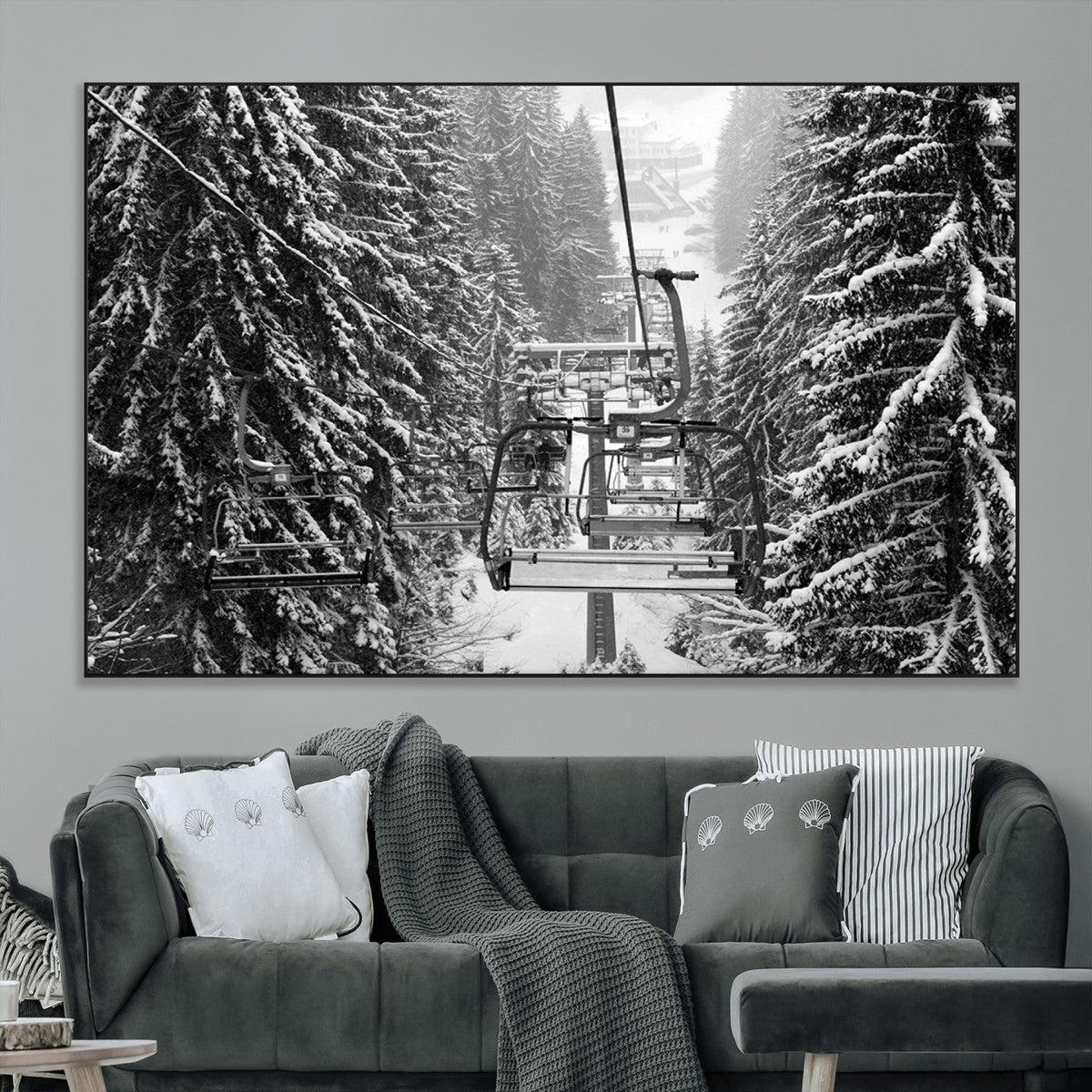 Winter Ski Lift Black and White Canvas Wall Art – Alpine
