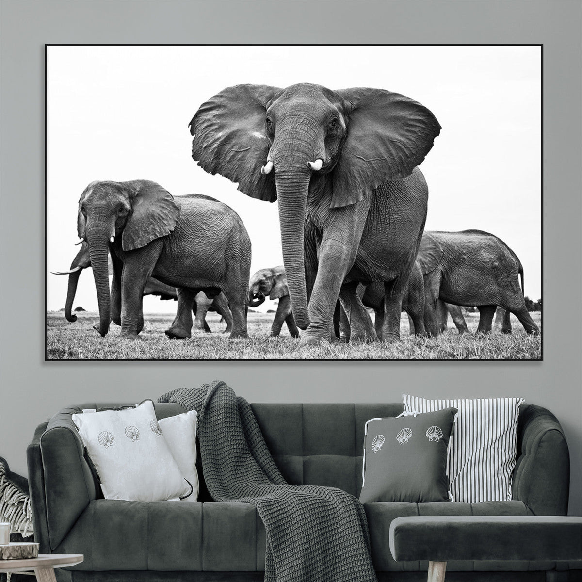 Black White Elephant Family Wall Art Canvas Print
