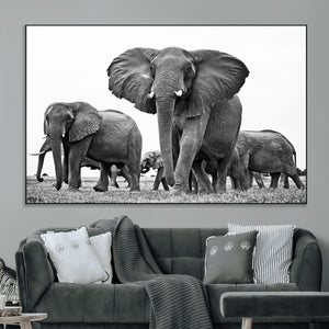 Black White Elephant Family Wall Art Canvas Print