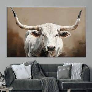 White Longhorn Bull Wall Art Canvas Print – Framed and Ready
