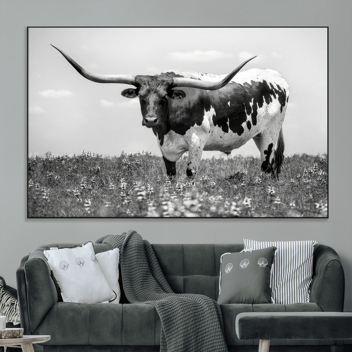 Texas Black White Highland Longhorn Cow Wall Art Canvas