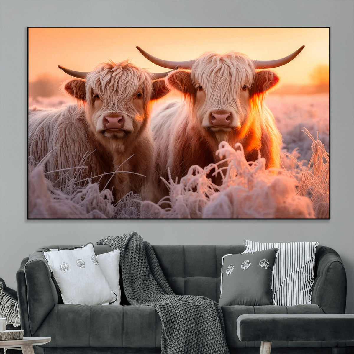 Highland Cows at Sunrise Wall Art Canvas Set – Serene and