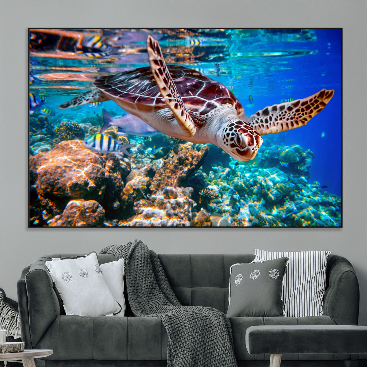 Underwater Coral Reef Sea Turtle Wall Art Canvas Print,