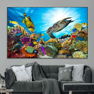 Colorful Coral Reef and Sea Life Turtle Canvas Print,