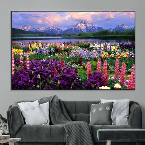 Vibrant Wildflower Garden and Mountain View Giclee Canvas