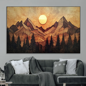 Wood Style Abstract Mountain Sunset Canvas Wall Art Print -