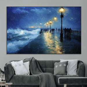 Storm Ocean Pier Canvas Wall Art Print - Large Moody Night