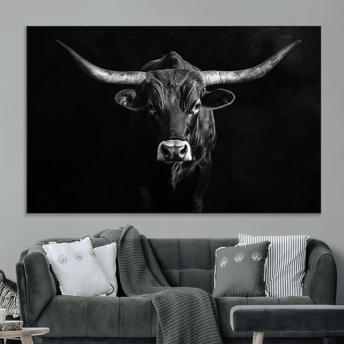 Texas Longhorn Wall Art Canvas Print – Framed Monochrome