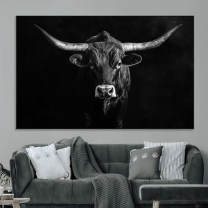 Texas Longhorn Wall Art Canvas Print – Framed Monochrome
