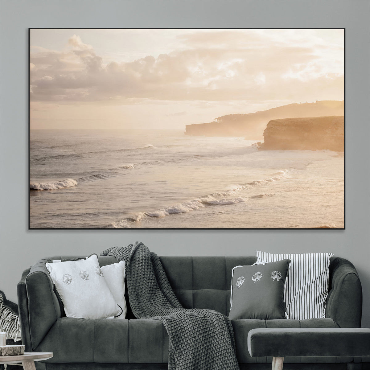 Misty Coastal Wall Art Canvas Print – Framed Golden Sunset