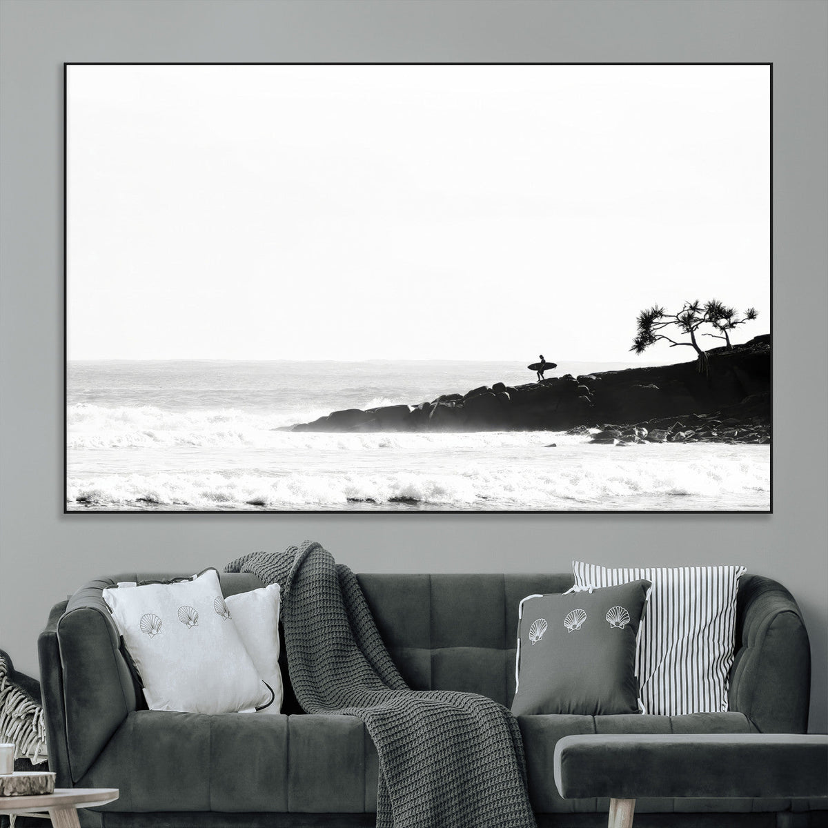 Surfer Cliffs Wall Art Canvas Print – Framed Black White