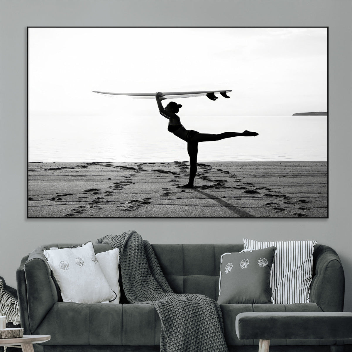 Yoga Surf Wall Art Canvas Print – Framed Black White Shore
